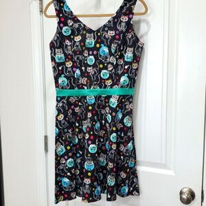 Hemet Multicolor Day Of The Dead Cat Cotton Fit & Flare Mini Dress Medium